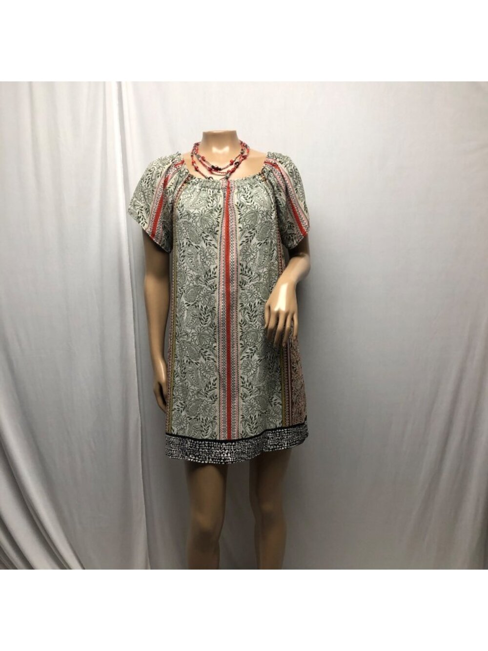 DR2 Dress Womens Size Small Green Red Floral Paisley Short Sleeve Boho Mini